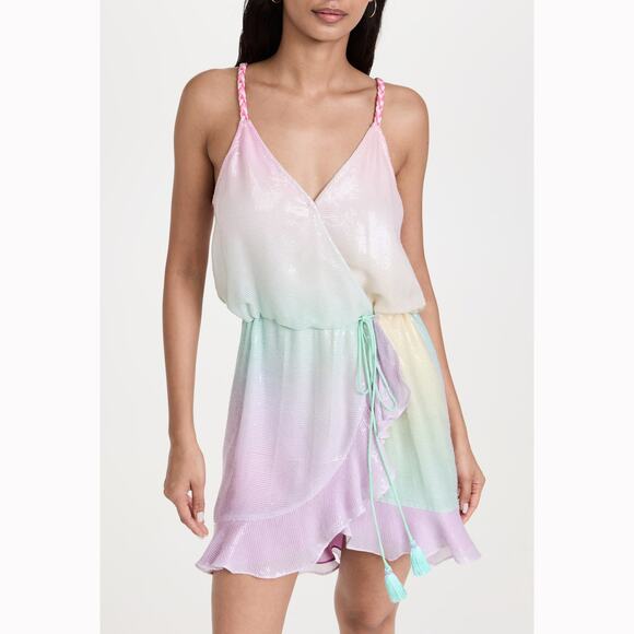 Rococo Sand Pax Wrap Mini Dress Tricolor Sequins Pastel Rainbow Racerback SZ L - Picture 2 of 11